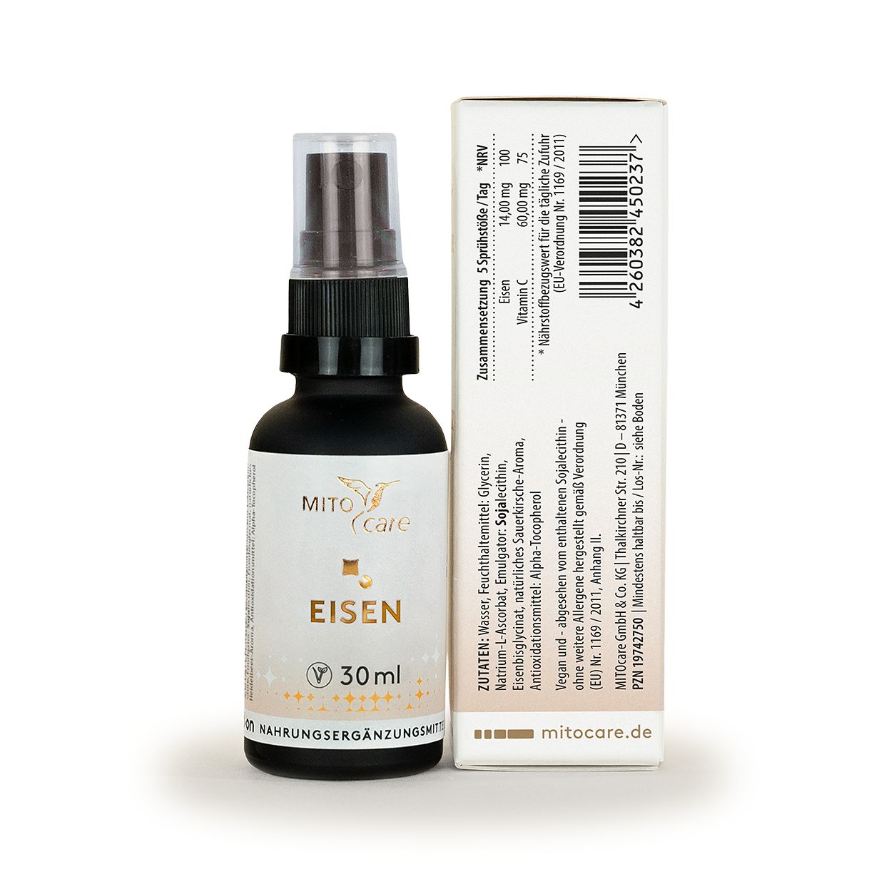 Rückseite der MITOcare Eisen Lipo Spray Verpackung mit Zutatenliste und Dosierung.