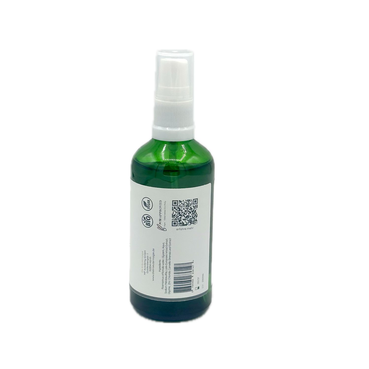 Grüne Glasflasche mit weißem Zerstäuber. Etikett mit QR-Code, Barcode und Text. Rückansicht.