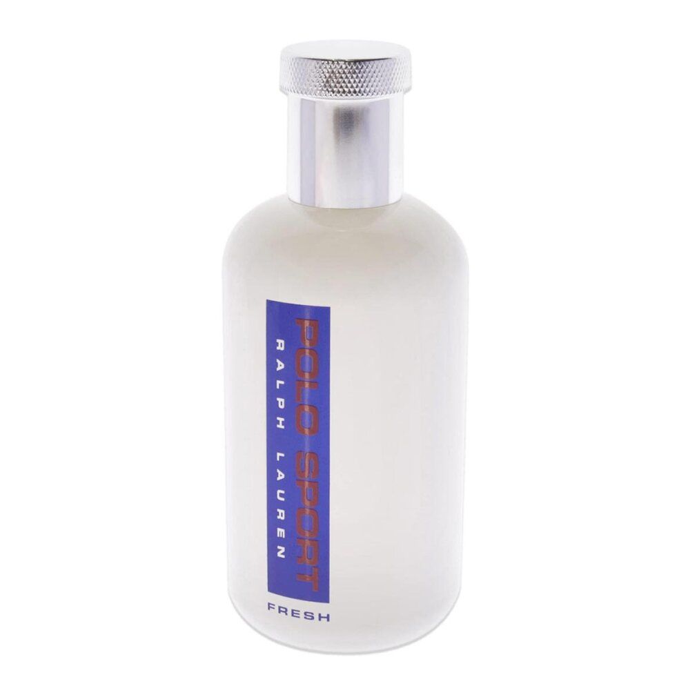 Weiße Flasche mit silbernem Verschluss. Aufschrift: Polo Sport Fresh. Blaues Etikett.