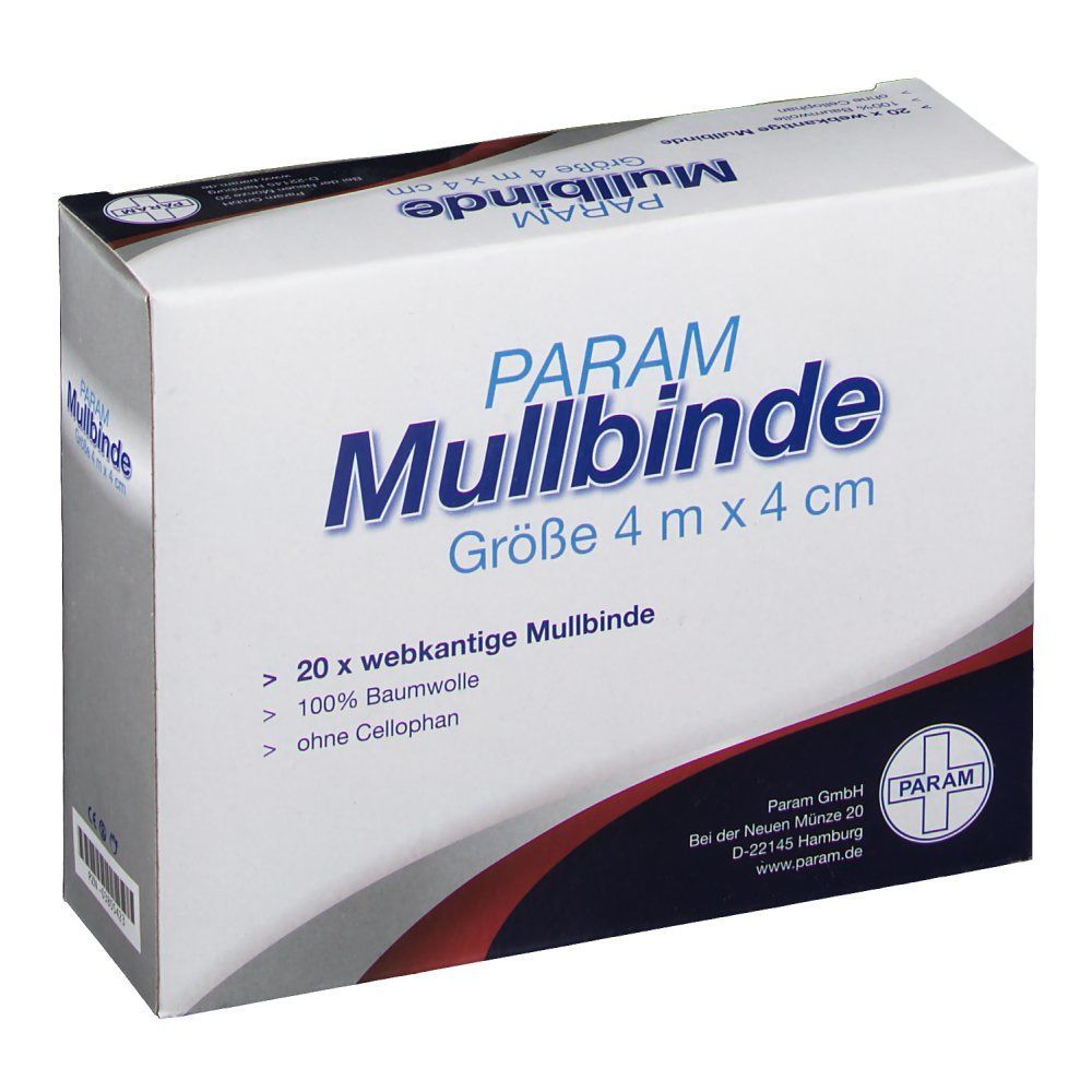 Verpackung PARAM Mullbinde. Größe 4 m x 4 cm. Enthält 20 Mullbinden aus 100% Baumwolle, ohne Cellophan. Weißer Karton mit blauer Schrift.