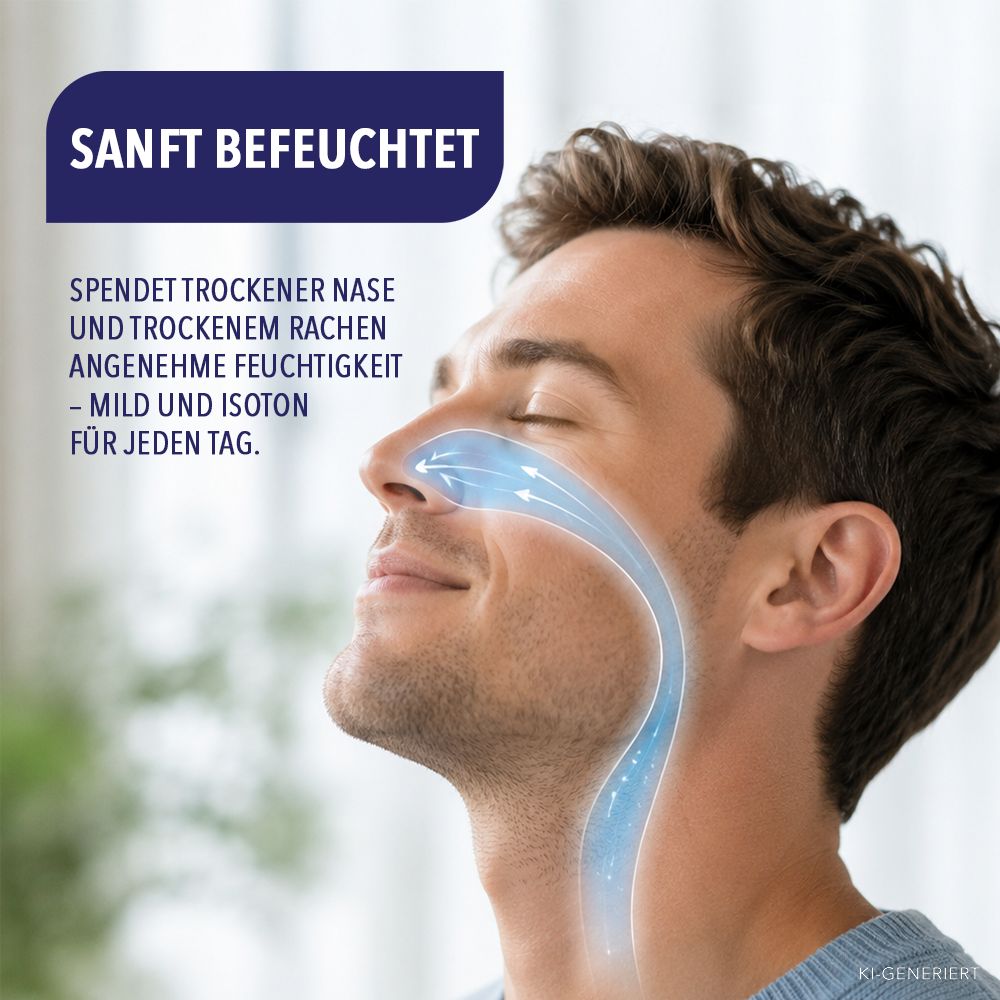 Mann mit sanft befeuchtetem Nasen- und Rachenraum, dargestellt durch blaue Pfeile.