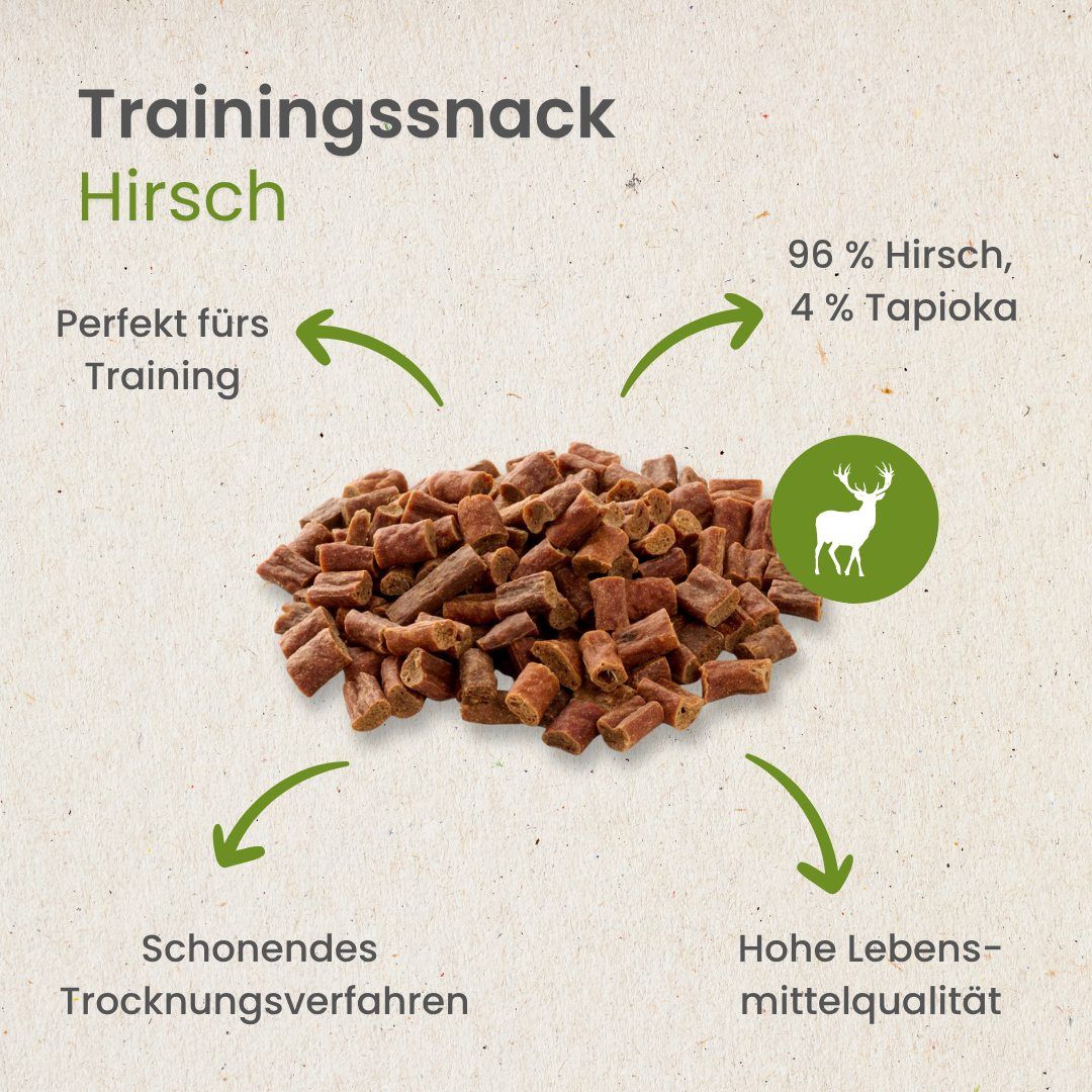 Getrocknete Hirsch-Trainingssnacks, 96% Hirsch, 4% Tapioka.