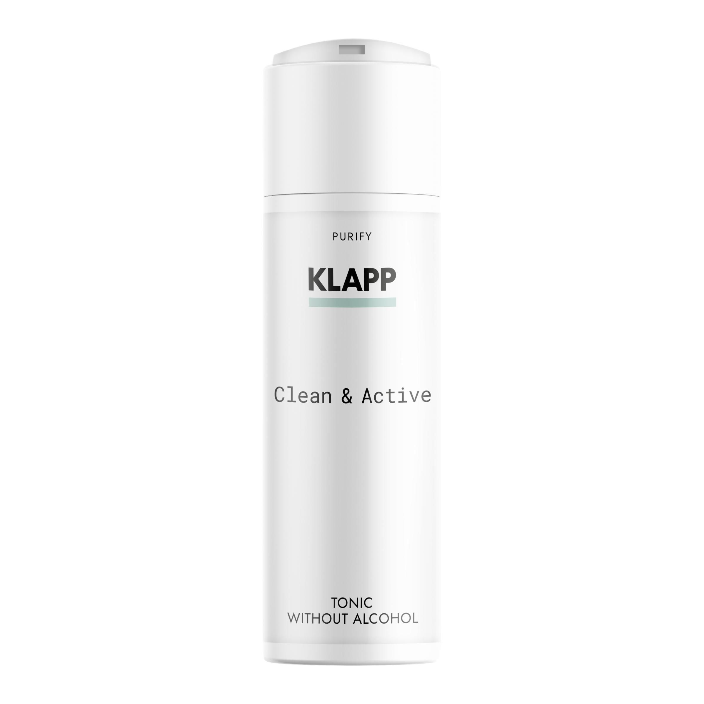 KLAPP Clean & Active Tonic ohne Alkohol, weiße Flasche mit Pumpspender.