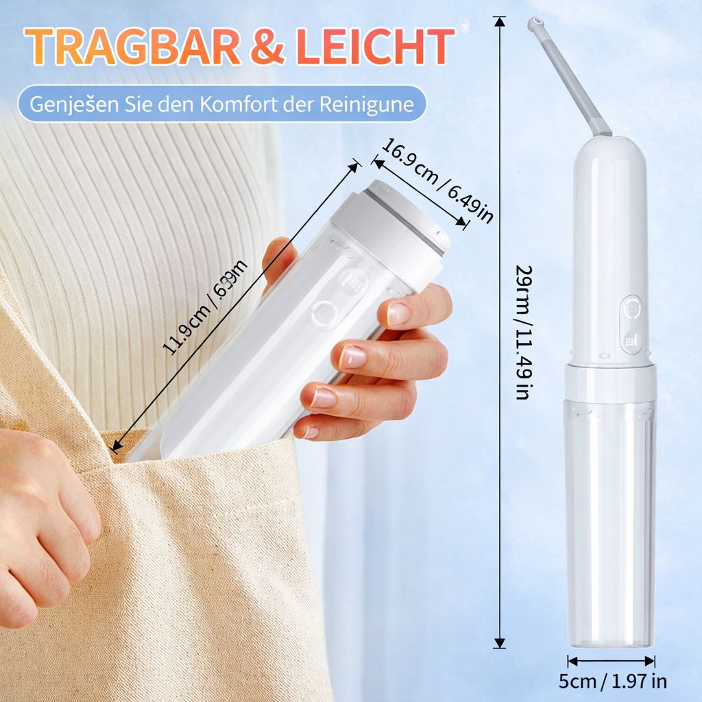 Tragbares Bidet in einer Handtasche. Maße: 29cm hoch, 11.9cm breit, 16.9cm Düsenlänge, 5cm breit. 