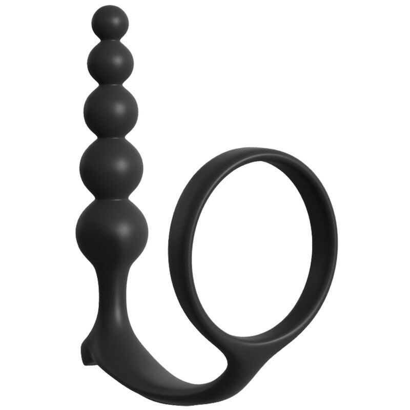 Schwarzes Analperlenspiel mit Cockring-Design. Besteht aus mehreren Kugeln und einem Ring. Aus Silikon.