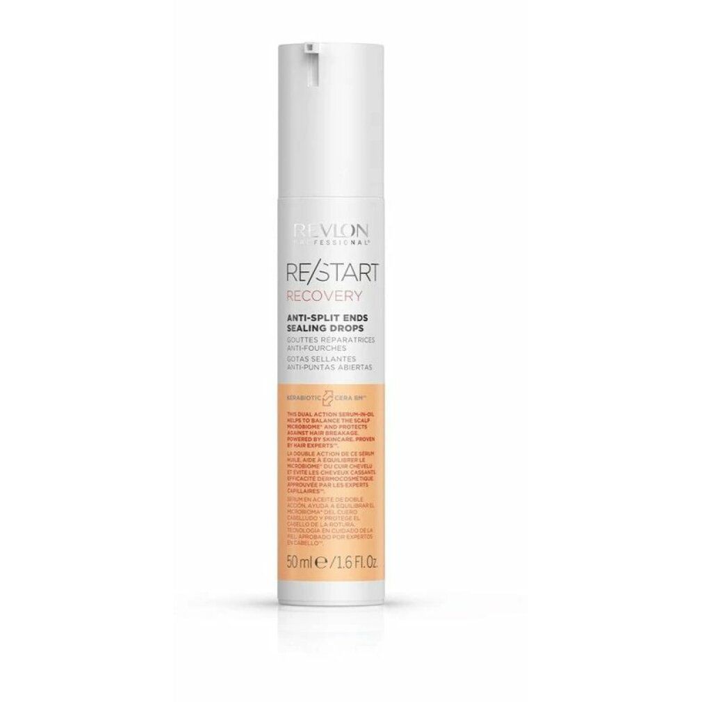 Weiß-beiger Behälter mit Produkttext: RE/START Recovery Anti-Split Ends Sealing Drops. 50ml.