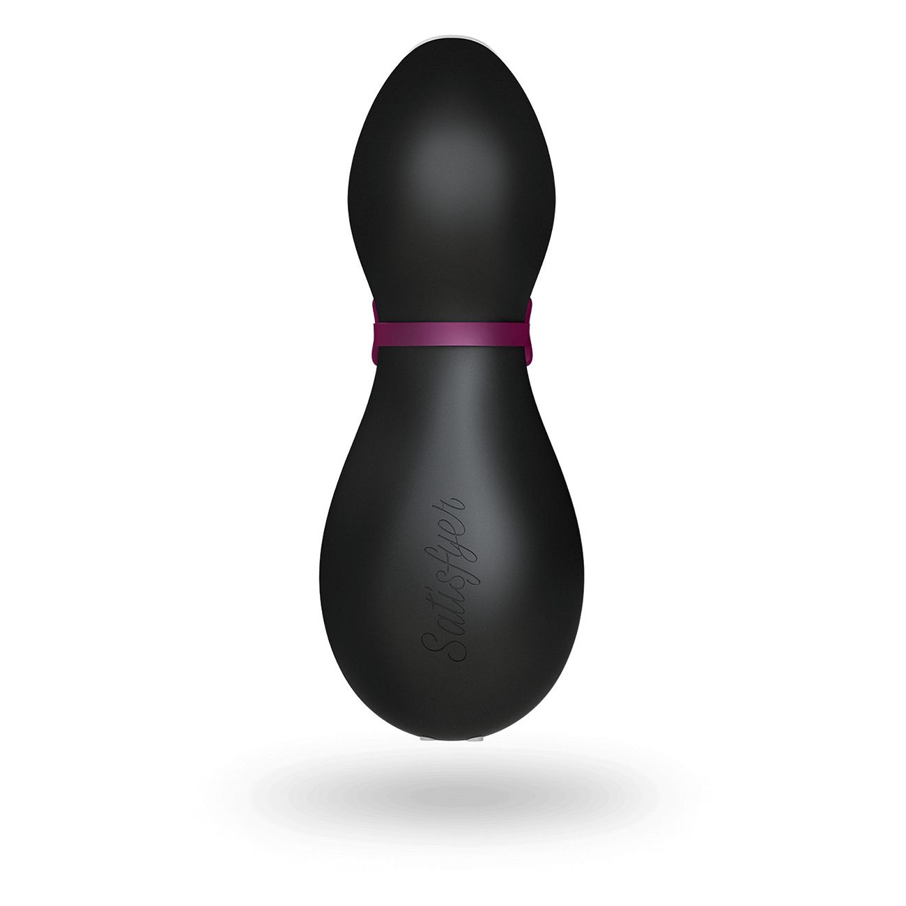 Prodotto nero a forma di pinguino con nastro viola. La scritta Satisfyer è visibile sulla superficie.