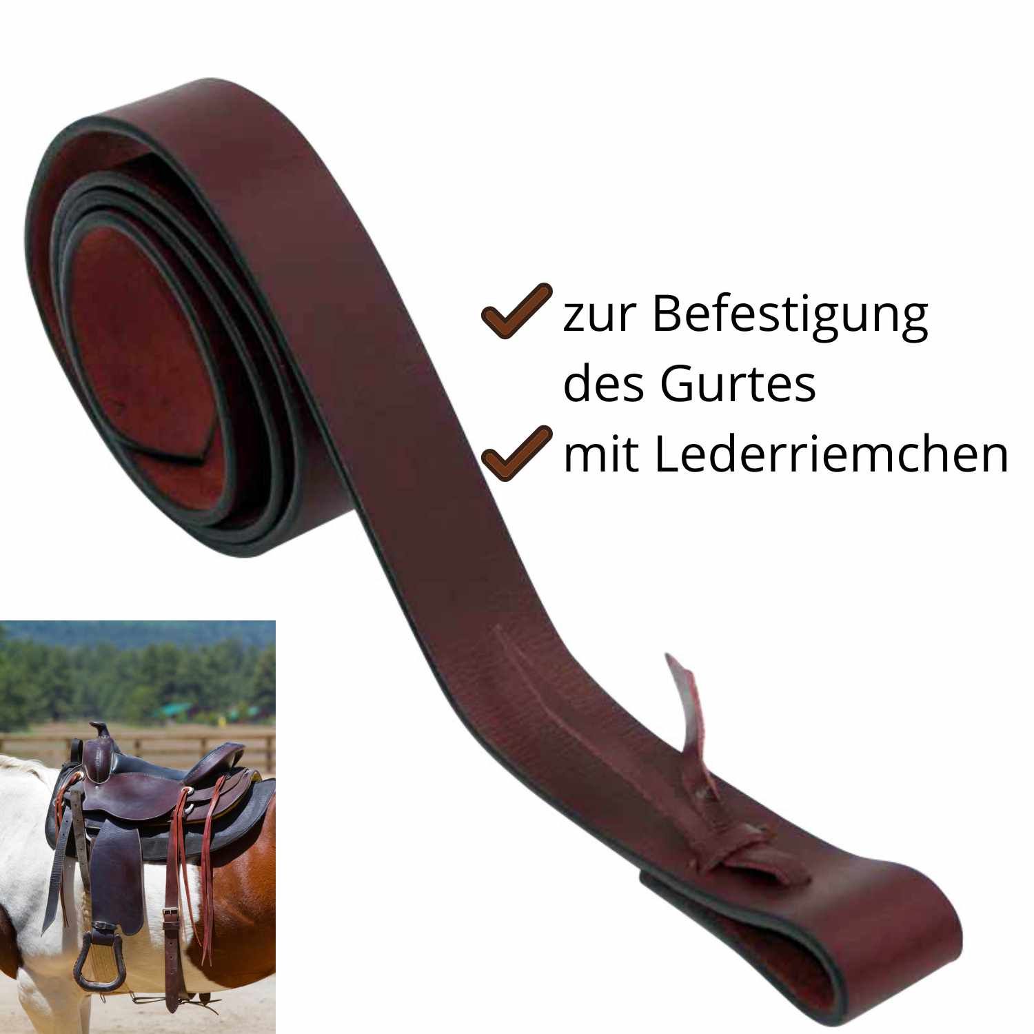 Brauner Lederriemen mit Lederriemchen. Text: „zur Befestigung des Gurtes mit Lederriemchen“. Sattel im Hintergrund.