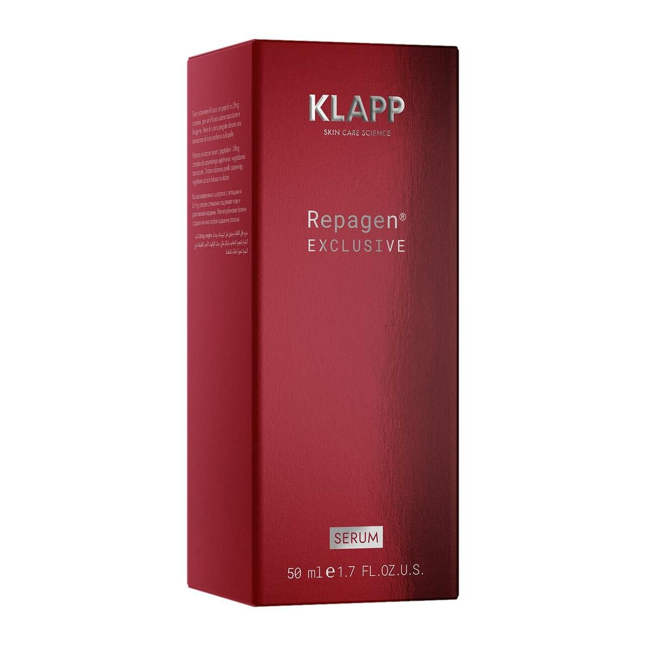 Rote Verpackung mit Aufschrift: KLAPP, Repagen Exclusive, Serum. Enthält 50 ml. Text auf der Seite.