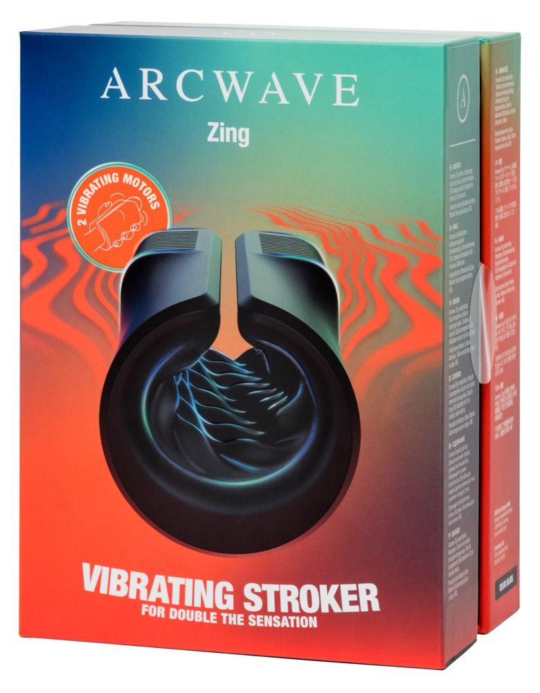 Verpackung mit Produkt. Aufschrift "Arcwave Zing". "Vibrating Stroker" und "2 Vibrating Motors" sind sichtbar.