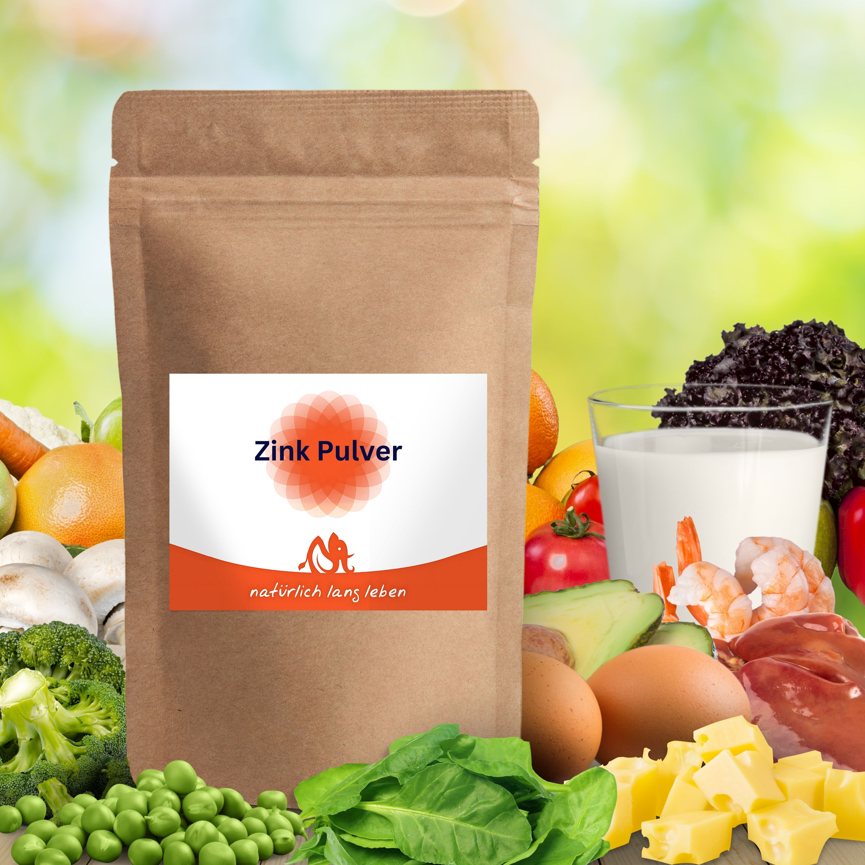 Beutel mit Zink Pulver vor einem Hintergrund mit Lebensmitteln. Aufkleber mit Produktname und Logo. Braune Verpackung.