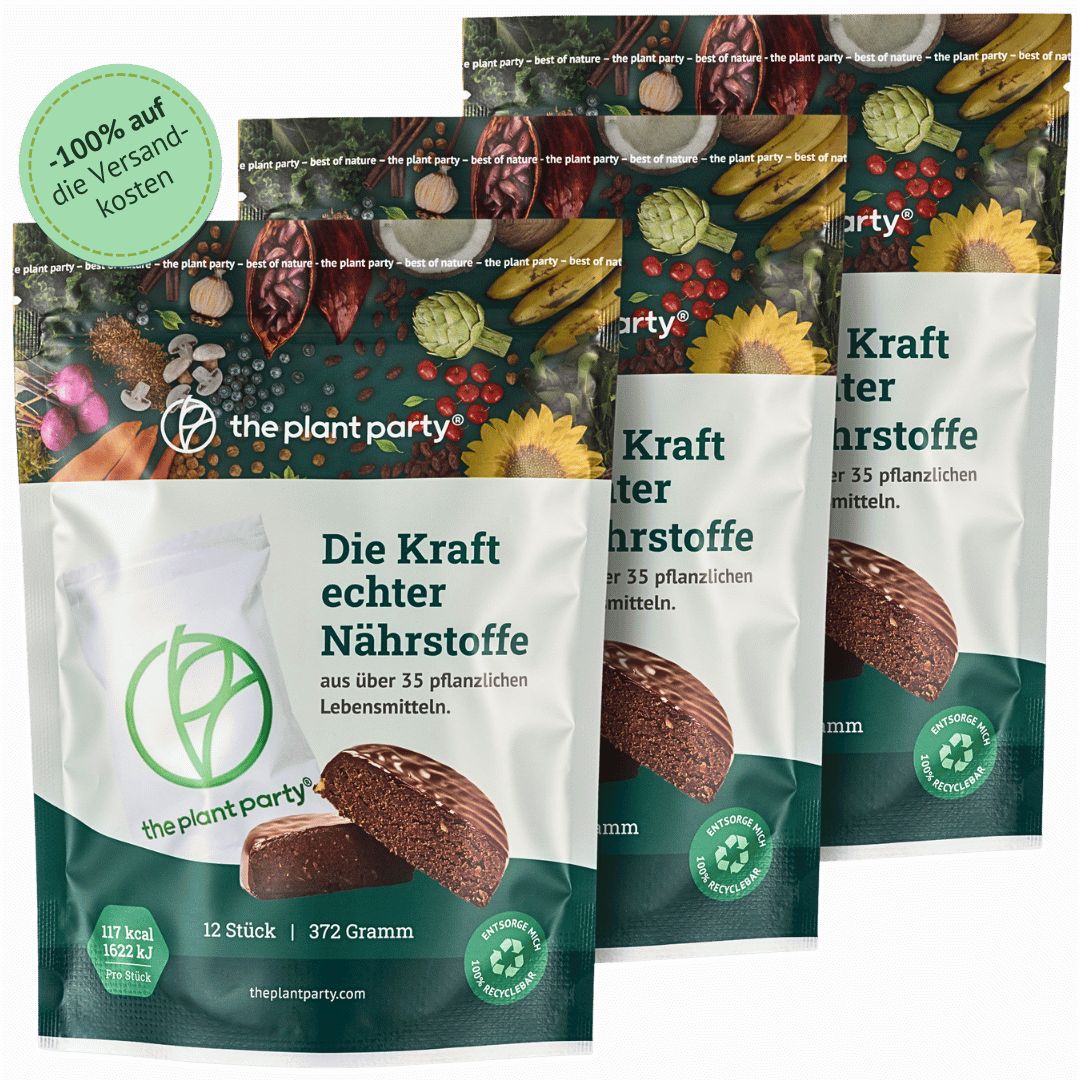 Mehrere Beutel mit Snacks. Aufschrift: Die Kraft echter Nährstoffe. 12 Stück, 372 Gramm. Grün-weiße Verpackung. Aufkleber: -100% auf die Versandkosten.
