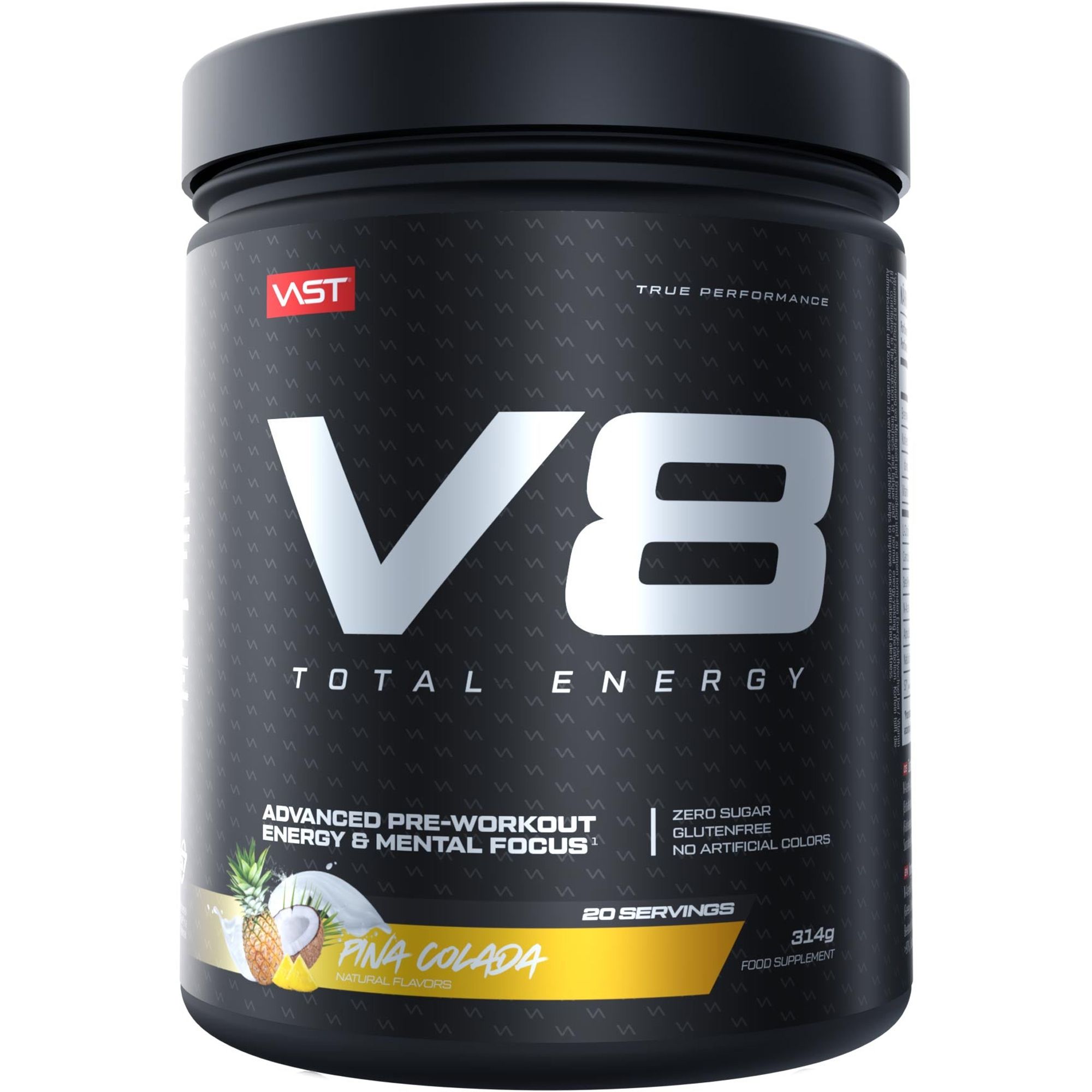 Schwarze Dose mit V8 Total Energy. Aufschrift: Pina Colada, 20 Portionen, 314g. Enthält keine künstlichen Farbstoffe, zuckerfrei und glutenfrei.