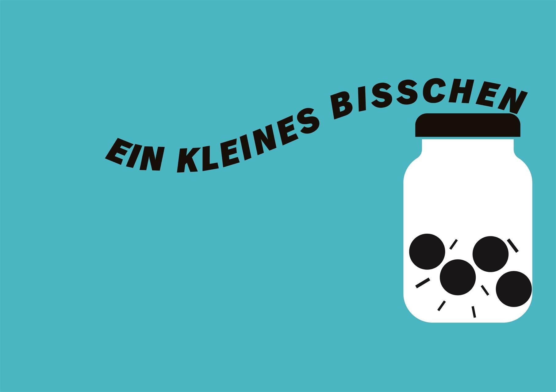 Illustration einer Glasdose mit schwarzen Kugeln. Text: Ein kleines bisschen. Blauer Hintergrund.