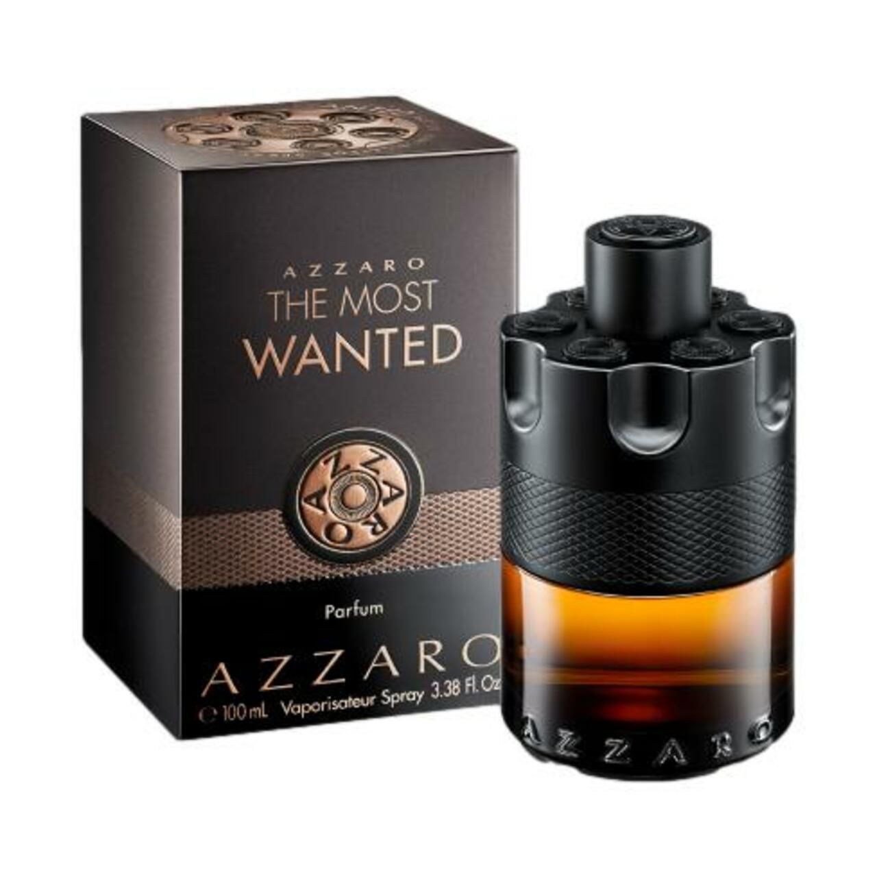 Schwarze Flasche mit brauner Flüssigkeit und schwarzer Verpackung. Aufschrift: Azzaro The Most Wanted Parfum.
