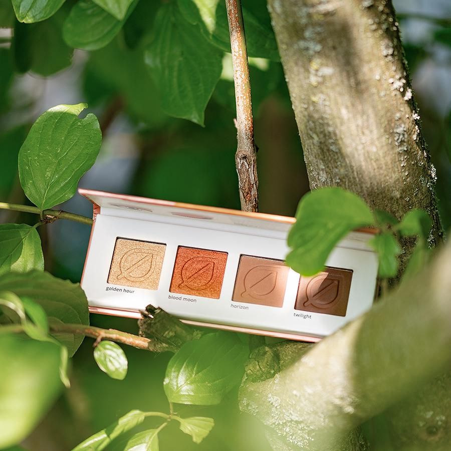 GRN [GRÜN] Essential Eyeshadow Palette sunset in einer natürlichen Umgebung. Vier Farbtöne sichtbar.