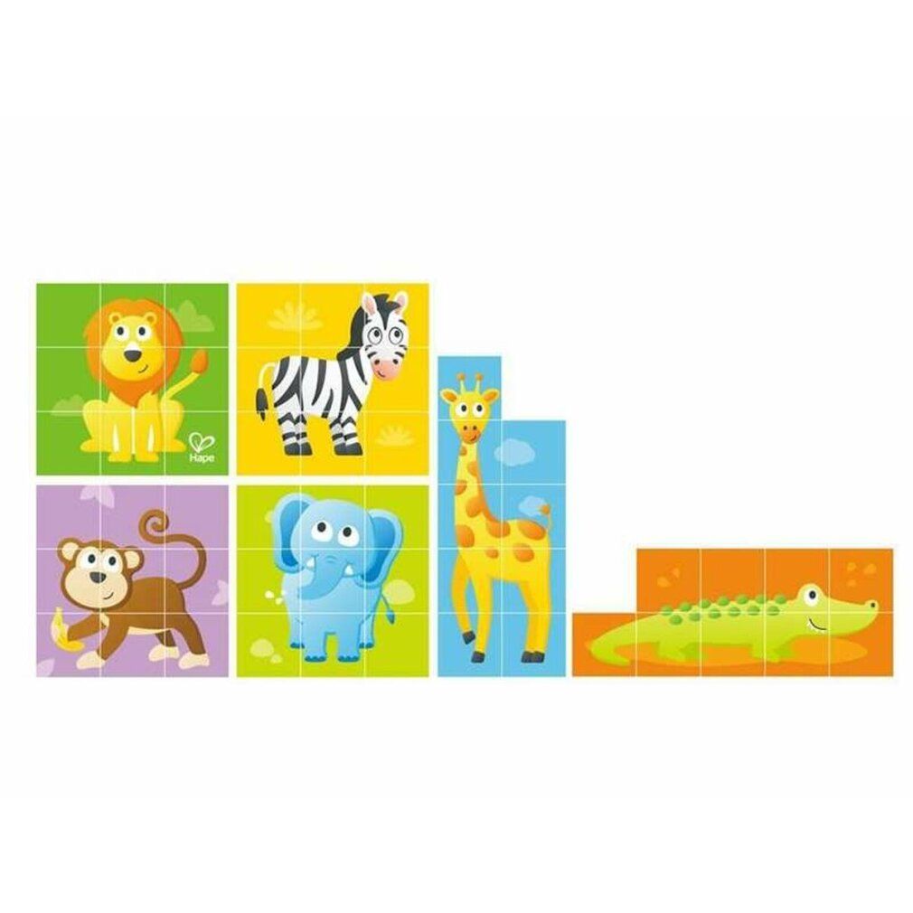 Hape Blockpuzzle Dschungel. Puzzleteile mit Tierbildern: Löwe, Zebra, Giraffe, Affe, Elefant und Krokodil. Hape Logo.
