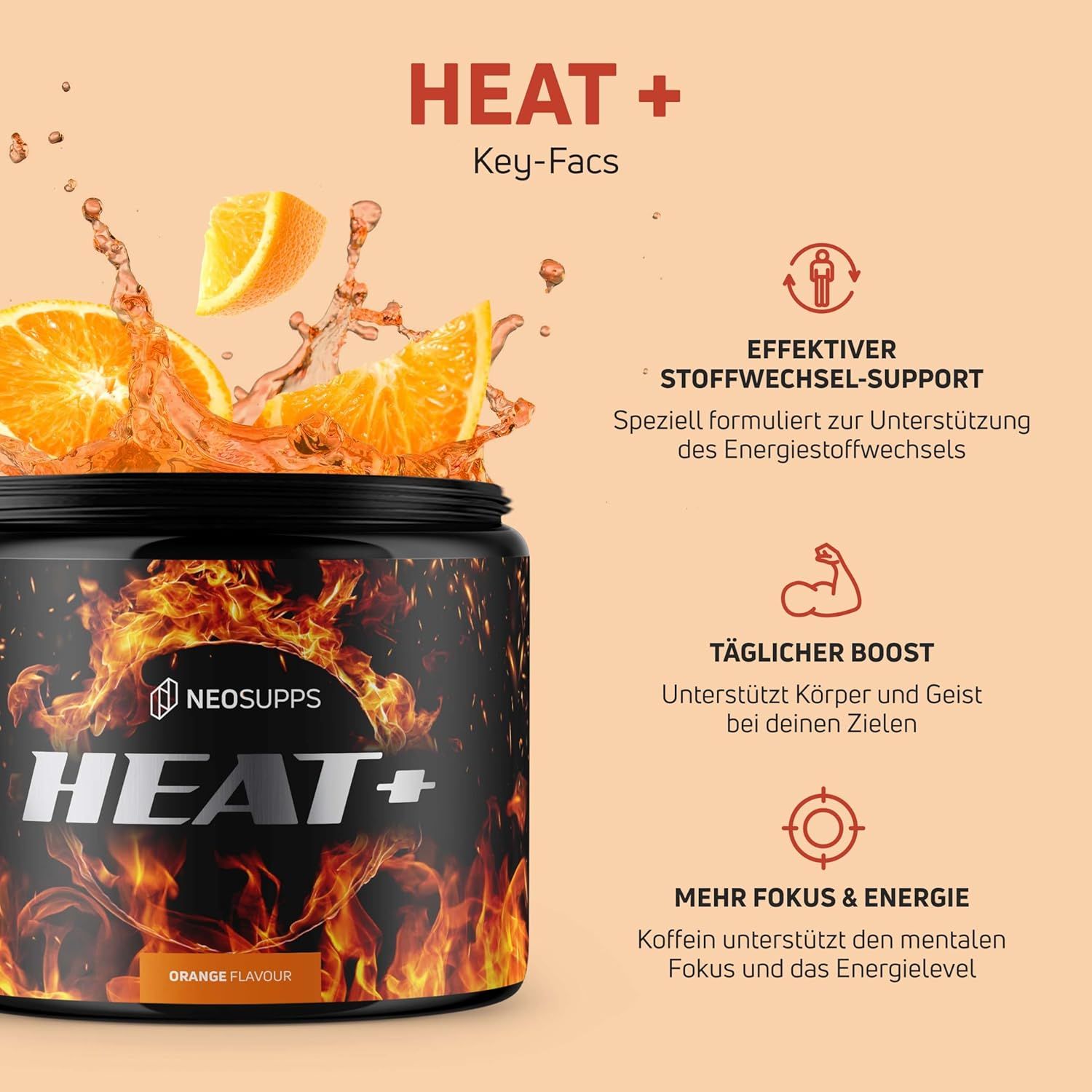 Schwarze Dose "HEAT+" mit Orangenstücken. Text: "Key-Facs". Logos und Text.