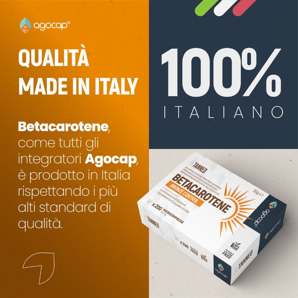 Produktverpackung mit Text: QUALITÄT MADE IN ITALY. Beta-Carotin, wie alle Agocap-Produkte, hergestellt in Italien.