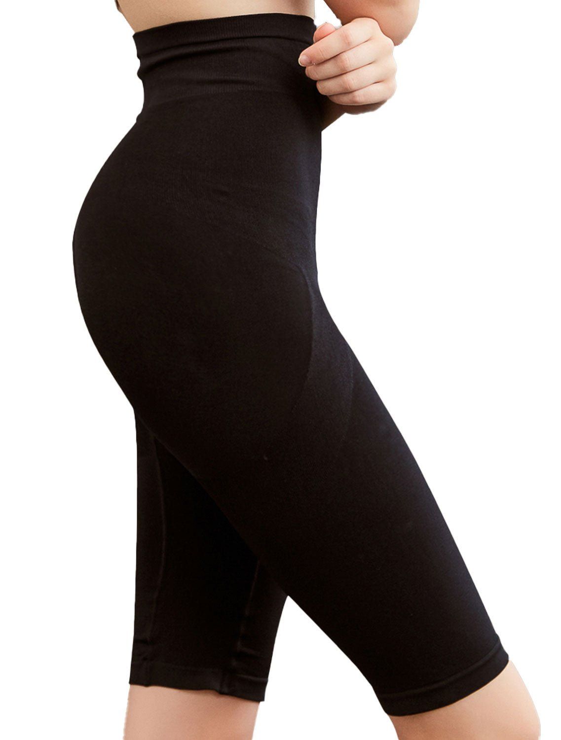 Schwarze, figurformende Miederhose. Hoher Bund, knielang. Seitliche Formgebung.