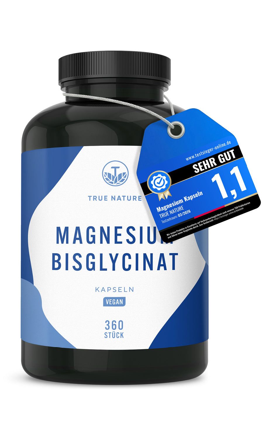 Schwarze Flasche mit blauem Etikett. Text: Magnesium Bisglycinat, 360 Stück, vegan. Anhänger: Sehr gut, Note 1,1.