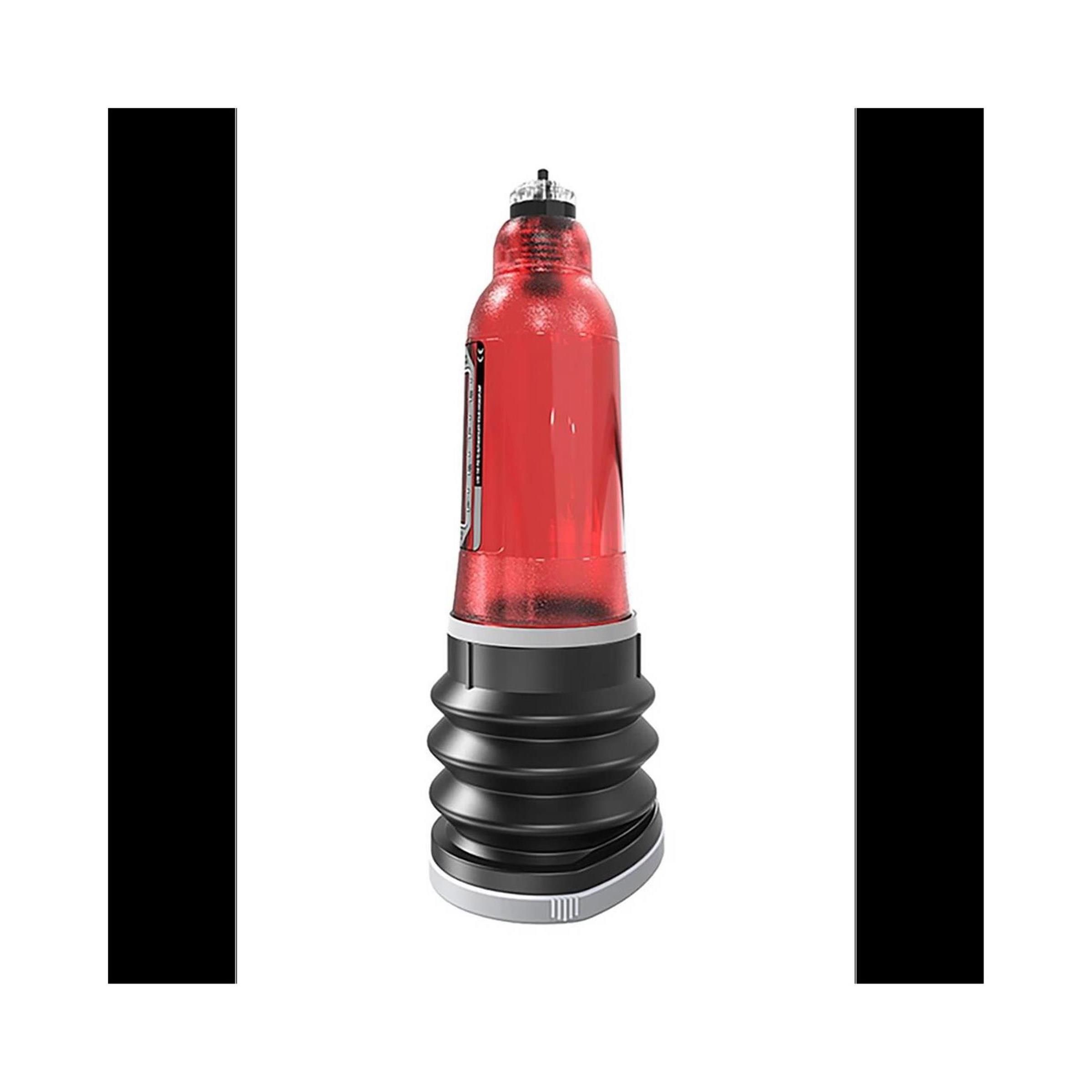 Rotes, zylindrisches Gerät mit schwarzem Faltenbalg und transparentem Gehäuse. Auf weißem Hintergrund, mit schwarzen vertikalen Balken.