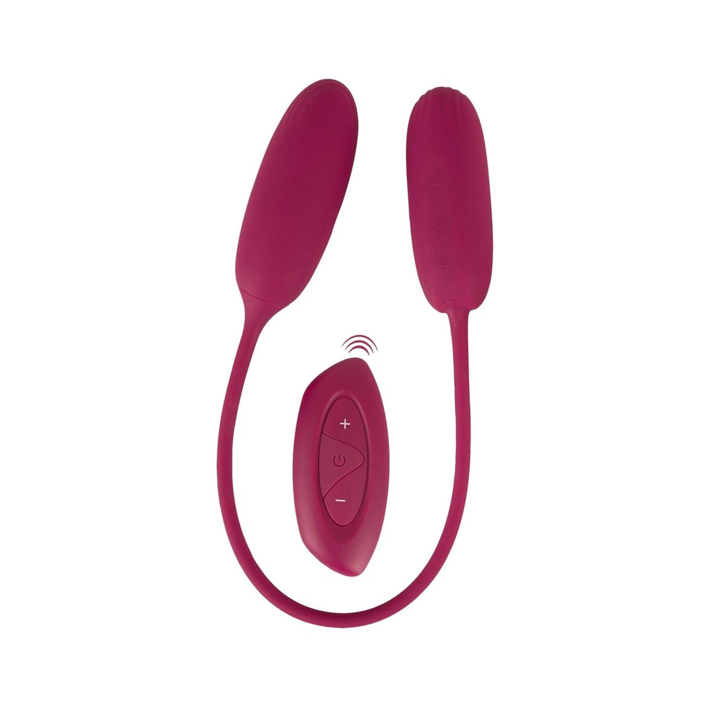 Pinkfarbenes Duo-Vibrations-Ei mit Fernbedienung. Zwei Eier mit flexiblen Stielen, verbunden mit einer Fernbedienung.
