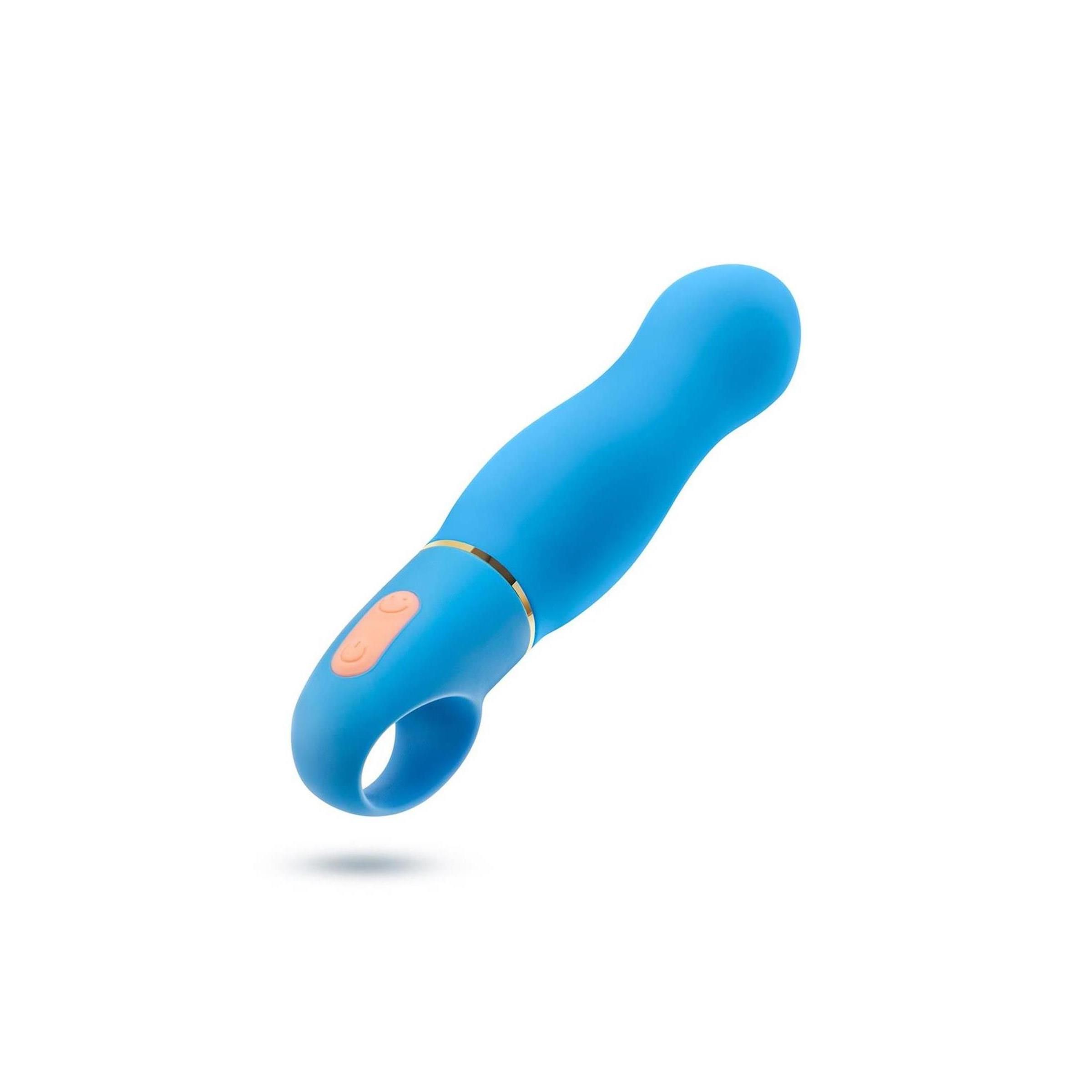 Blaues Wellness-Produkt mit Ring am Ende. Goldfarbene Akzente und ein Knopf. Gebogene Form.