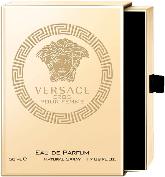 Versace Eros Pour Femme Eau de Parfum. Geöffnete Schachtel in Gold mit Medusa-Logo. Schwarzer Innenraum.