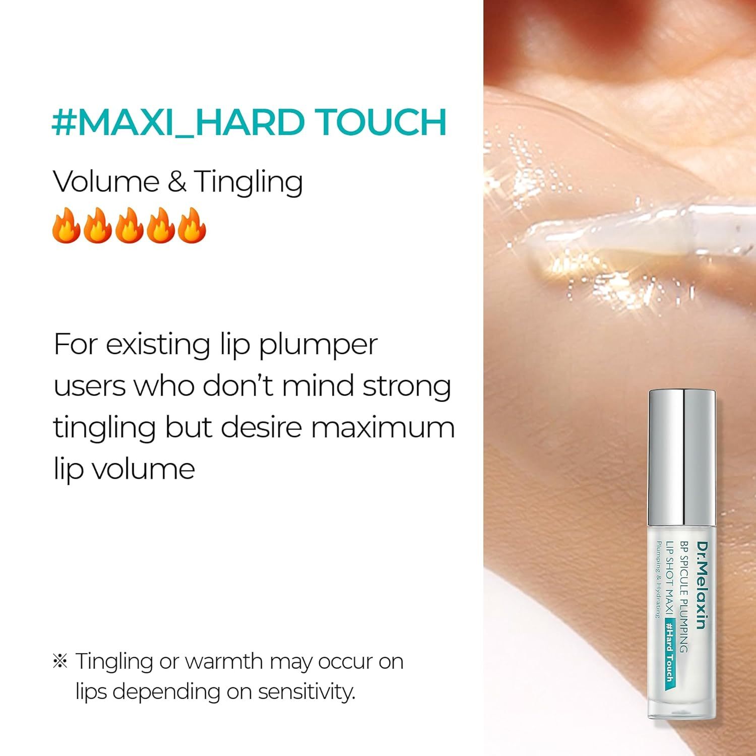 Kleine silberne Flasche mit Lippen-Plumper-Serum, Applikator sichtbar.