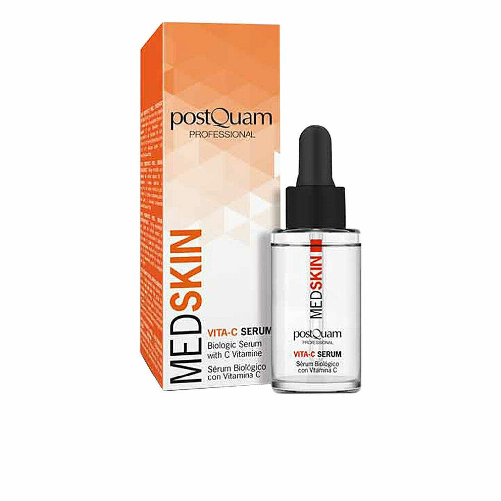 Serumflasche mit Pipette und Verpackung. Aufschrift: Medskin, Vita-C Serum, Serum Biologico con Vitamina C.