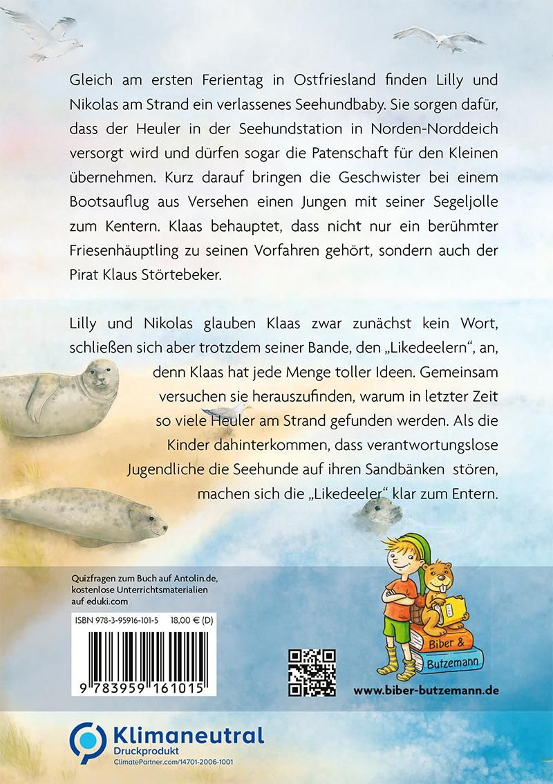 Rückseite eines Buches. Text in deutscher Sprache. Abgebildet sind Seehunde am Strand. ISBN und Verlagslogo sind sichtbar.