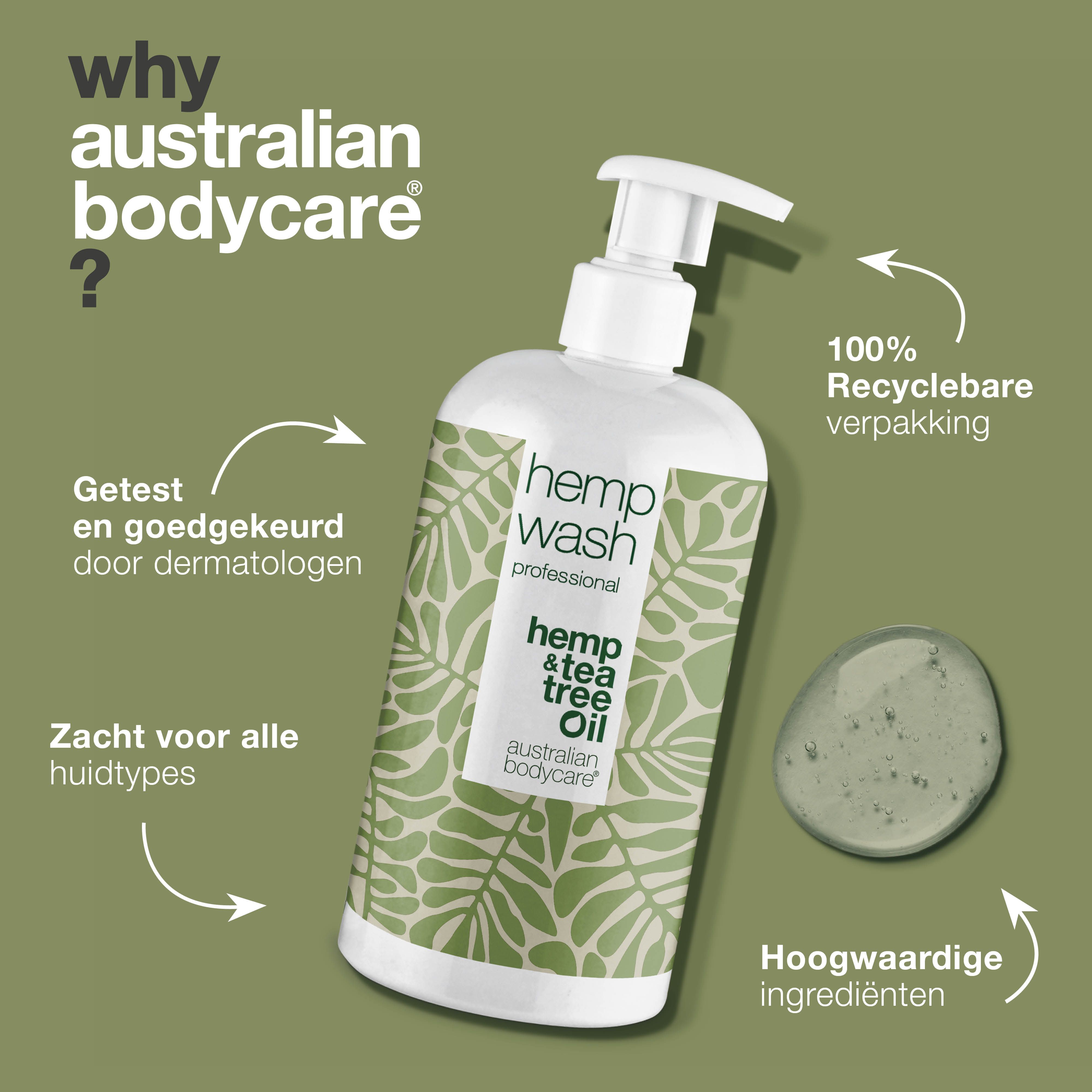 Fles met tekst: hemp wash professional, hemp & tea tree Oil, Australian Bodycare. Tekst: 100% recyclebare verpakking.