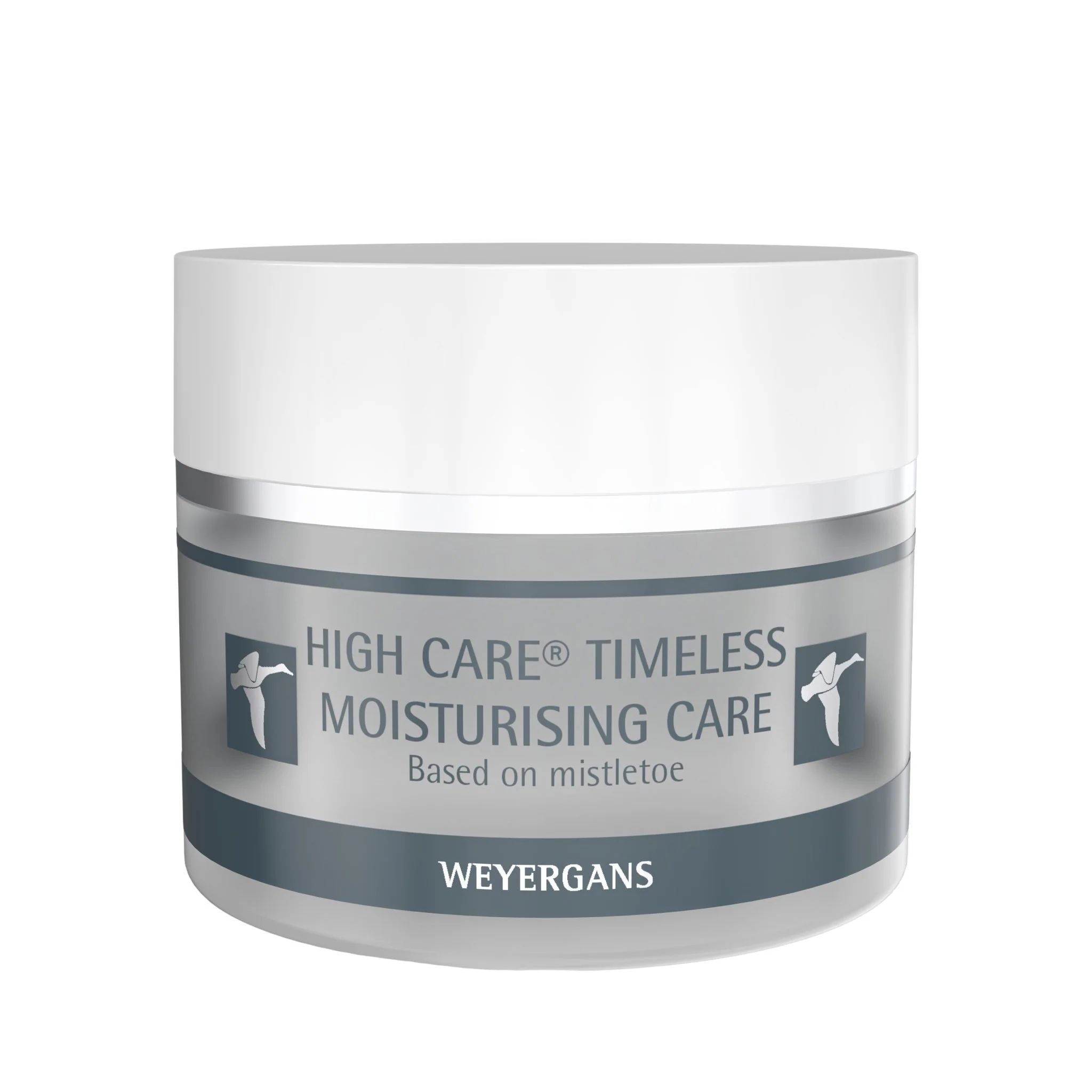 Creme-Tiegel mit Deckel. Aufschrift: HIGH CARE TIMELESS MOISTURISING CARE. Marke: WEYERGANS. Graue Banderole mit Logo und Text.