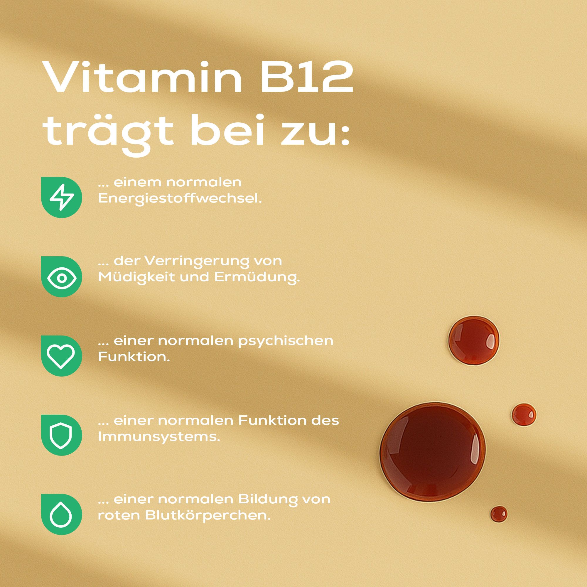 Braune Tropfen auf gelbem Hintergrund. Text über die Vorteile von Vitamin B12: Energie, Müdigkeit, Psyche, Immunsystem, rote Blutkörperchen.