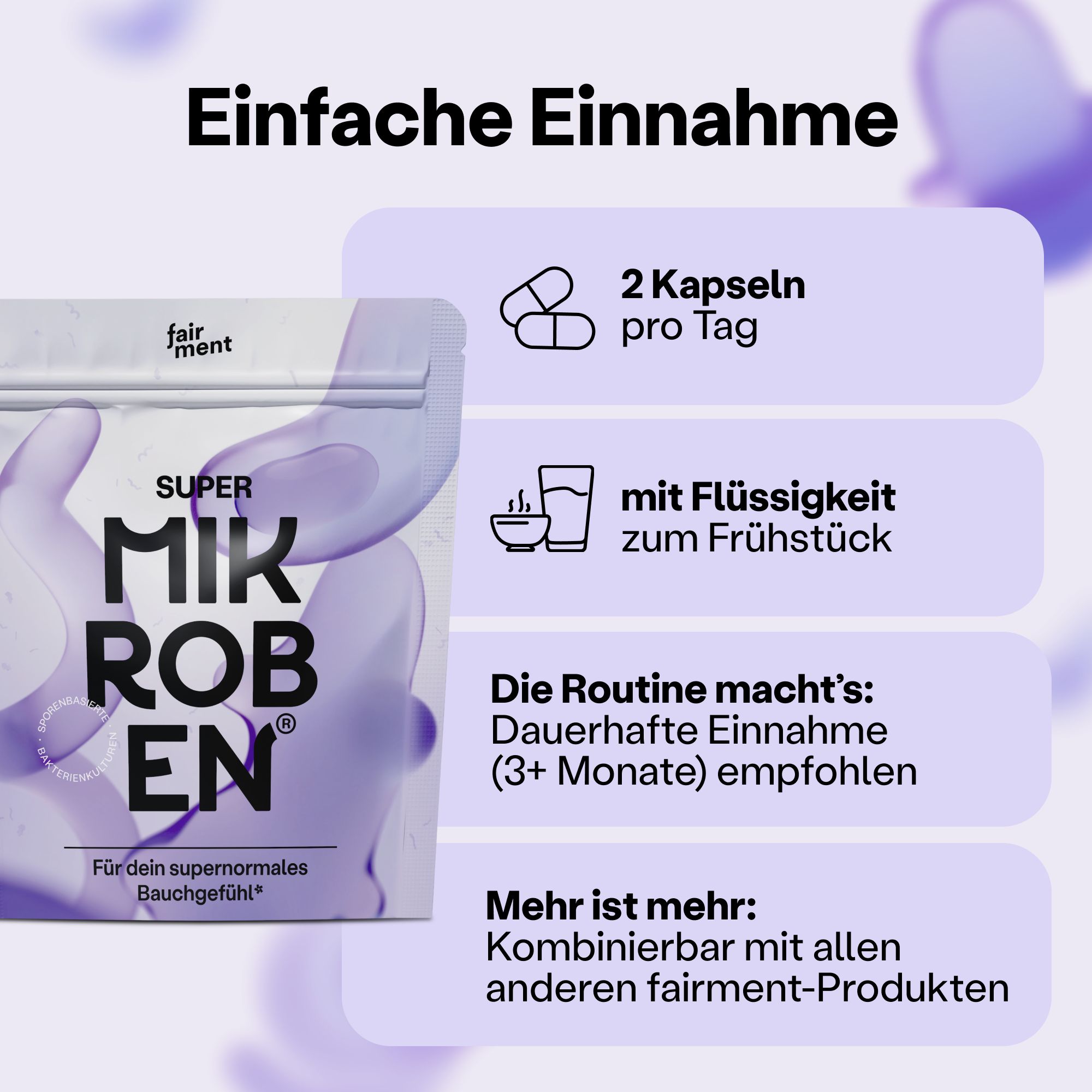 Produktverpackung mit Produktname. Illustrationen: 2 Kapseln, Glas mit Flüssigkeit, Empfehlung zur dauerhaften Einnahme.