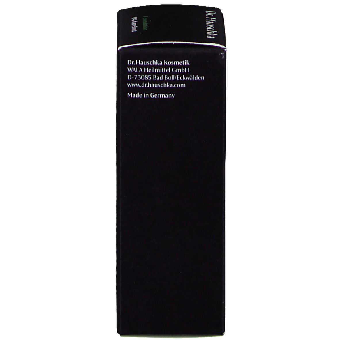 Schwarze Schachtel mit Dr. Hauschka-Logo und Produktinformationen. Text: Made in Germany, www.dr.hauschka.com.