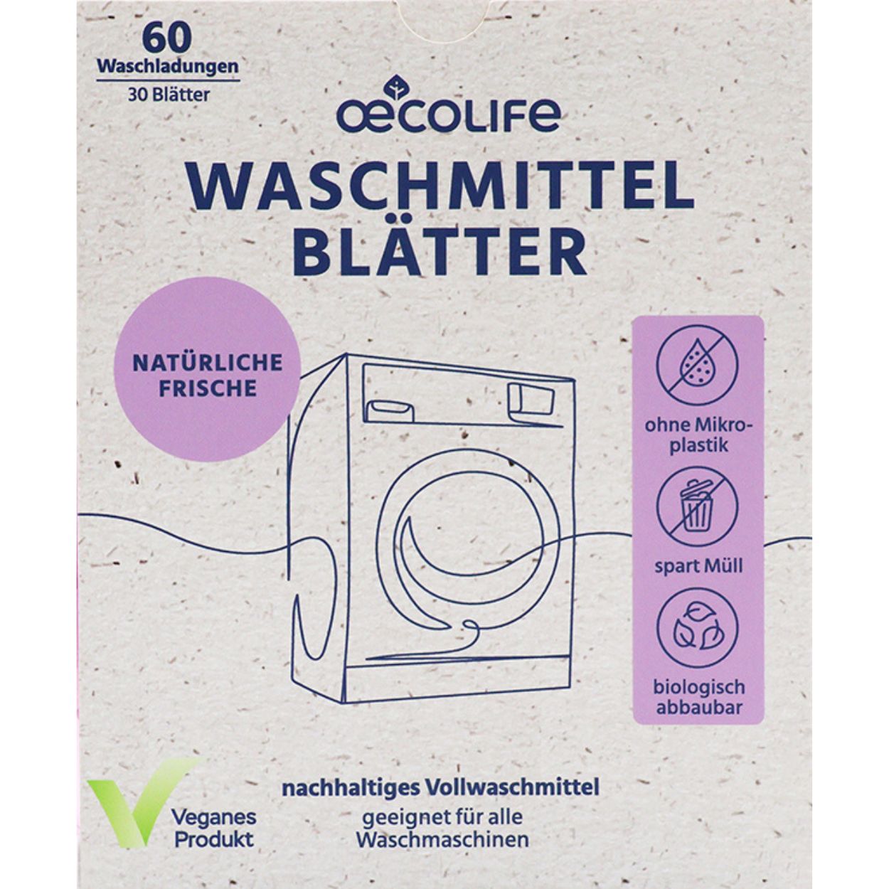 Verpackung von oecolife Waschmittel Blätter. Enthält 60 Waschladungen. Vegan, ohne Mikroplastik, spart Müll, biologisch abbaubar.