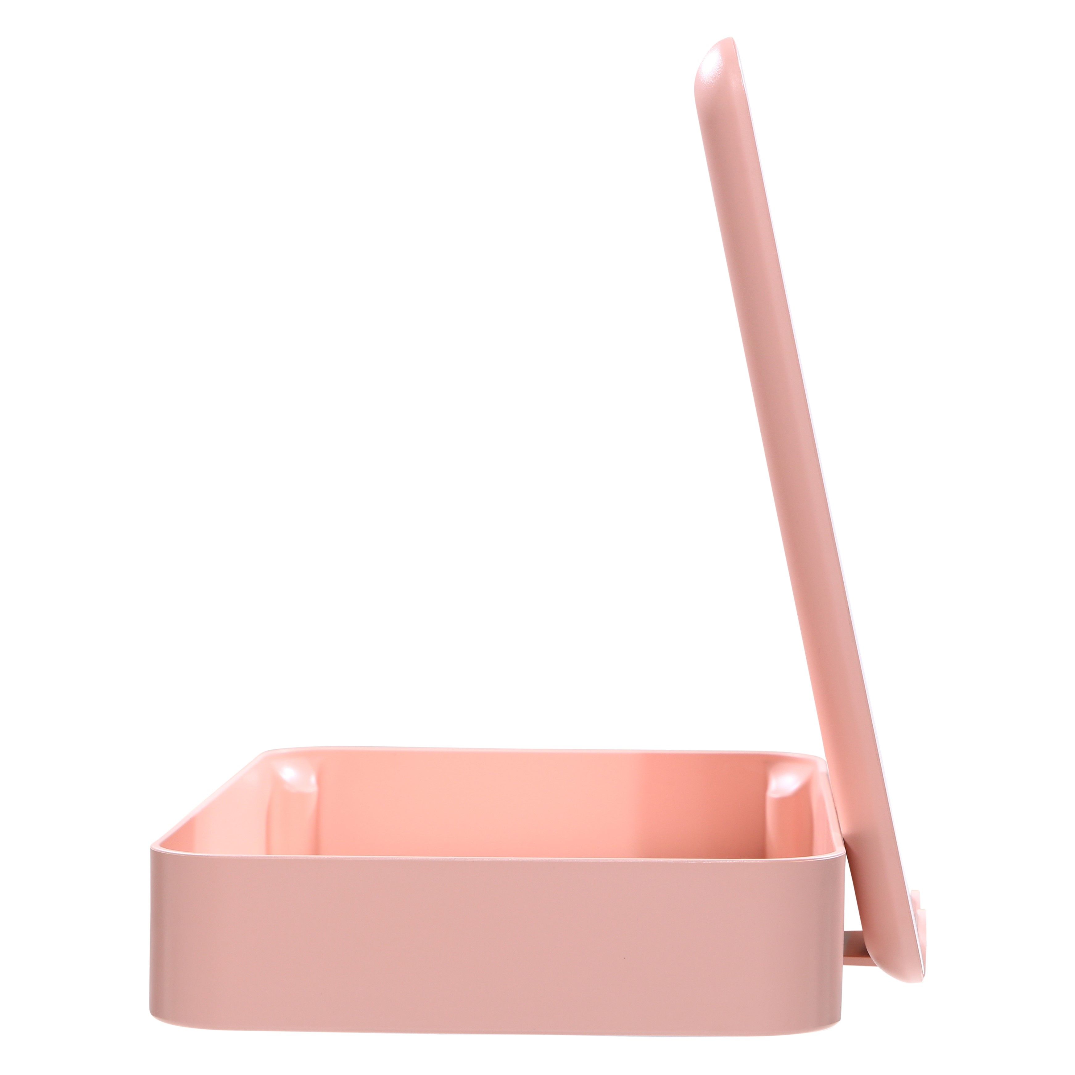Beautycase, rosa, mit hochgeklapptem Spiegel. Rechteckige Form. Spiegel mit LED-Rahmen. Unten ein Fach.