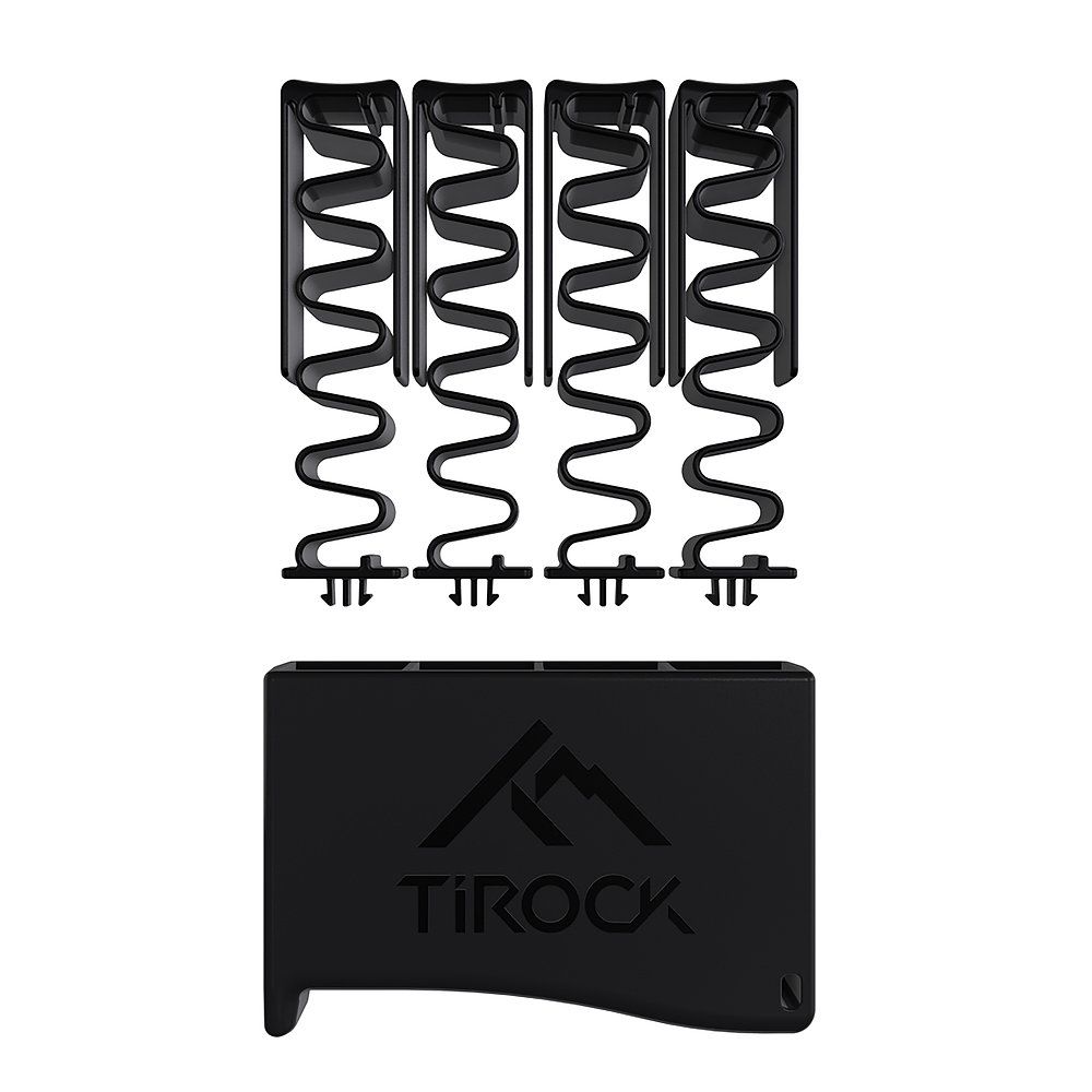 Schwarzes Fingertrainer-Set Ti-Hand. Vier Federn und ein Basis-Element mit TiRock-Logo.