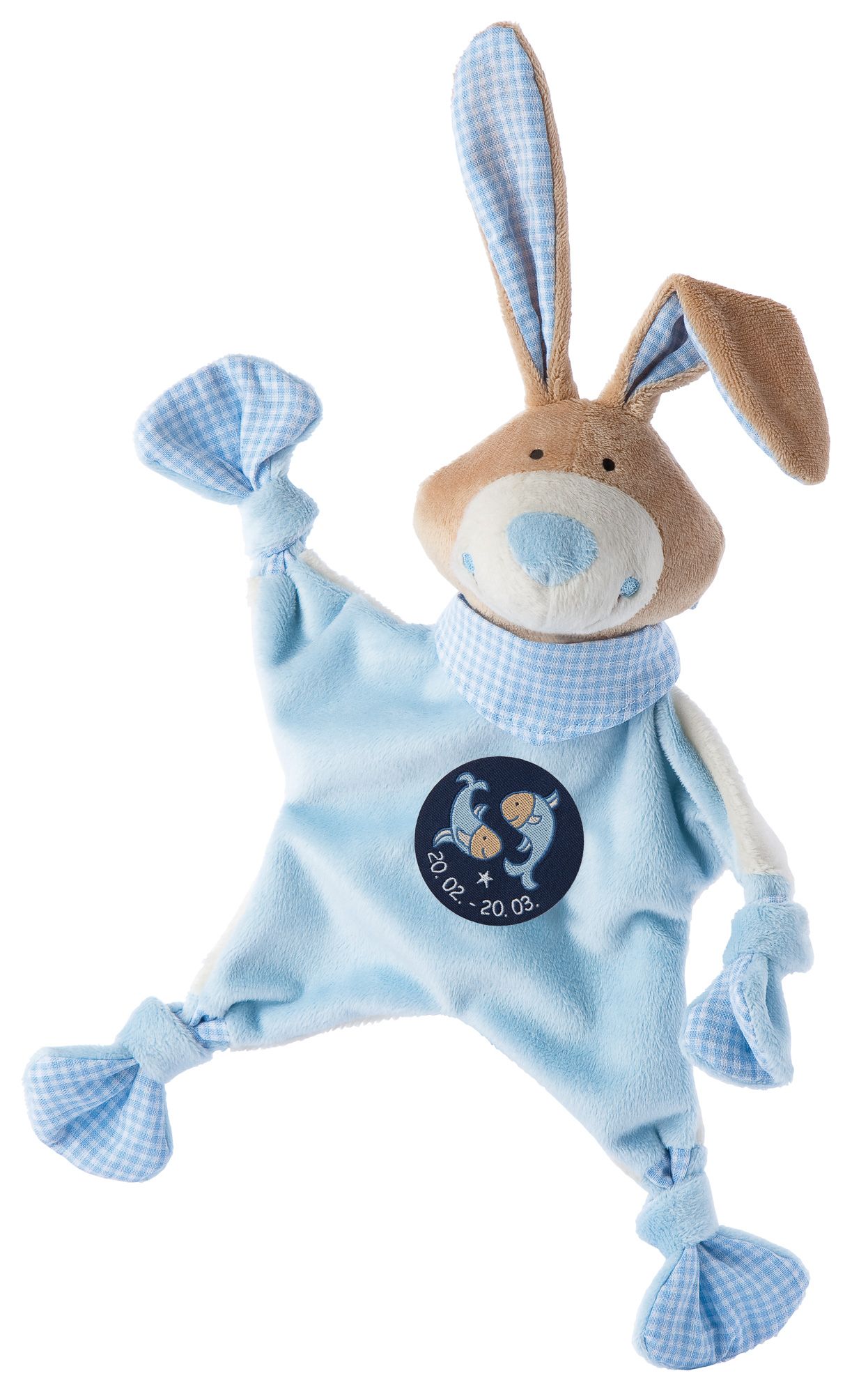 Hellblaues Schnuffeltuch mit Hase. Brauner Kopf, blaue Ohren und Sternzeichen-Emblem. Gestreifte Details.