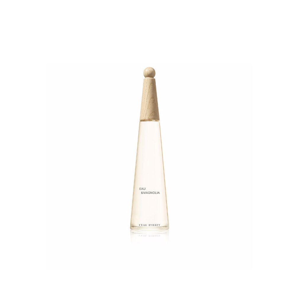 Parfümflakon mit Holzverschluss. Aufschrift: Eau & Magnolia, L'Eau d'Issey.