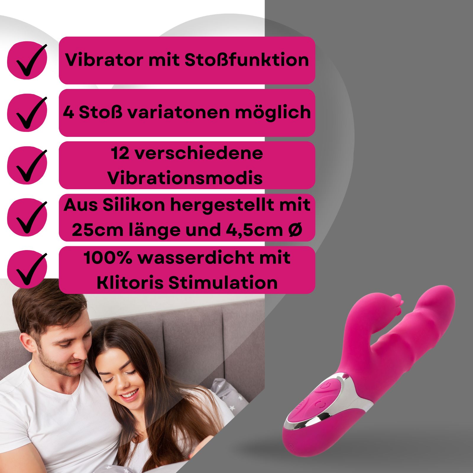 Pinkfarbener Vibrator mit Stoßfunktion. Silikon, 25cm lang, 4,5cm Ø. 100% wasserdicht. Mit Klitoris Stimulation.
