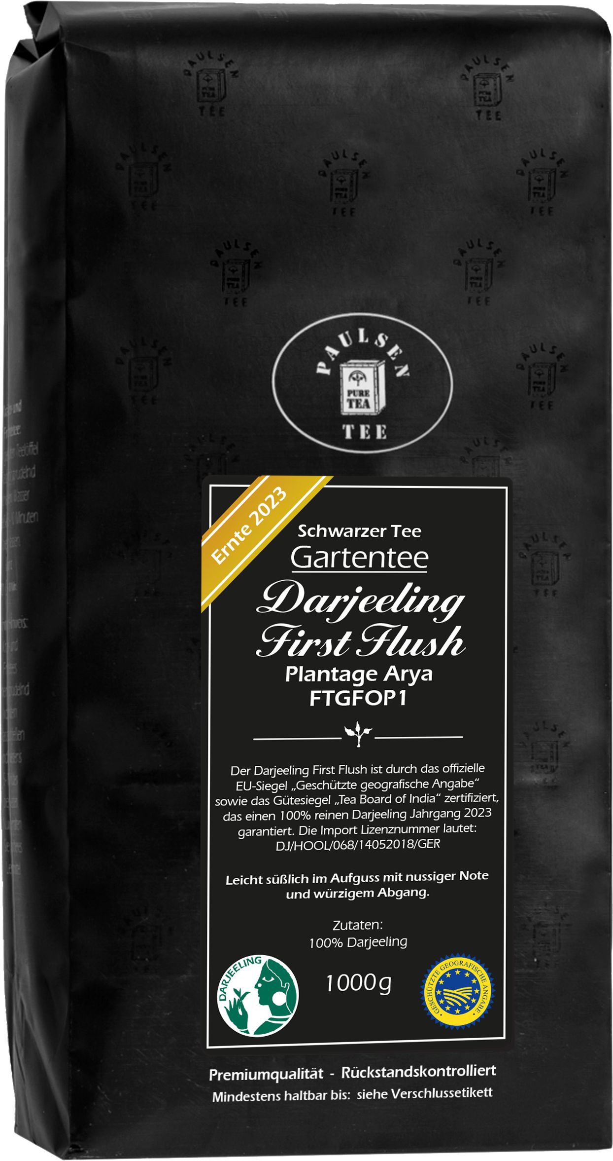 Schwarzer Tee, Paulsen Darjeeling First Flush, Ernte 2023, Plantage Arya. Schwarze Verpackung mit Logo und Text. Siegel.