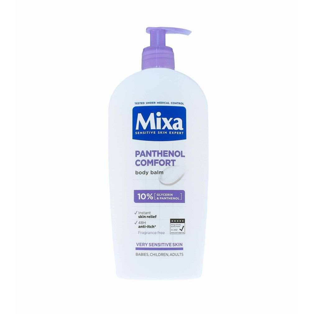 Weiße Flasche mit lila Pumpe. Aufschrift: Mixa, Panthenol Comfort, Körperbalsam. Für sehr empfindliche Haut.