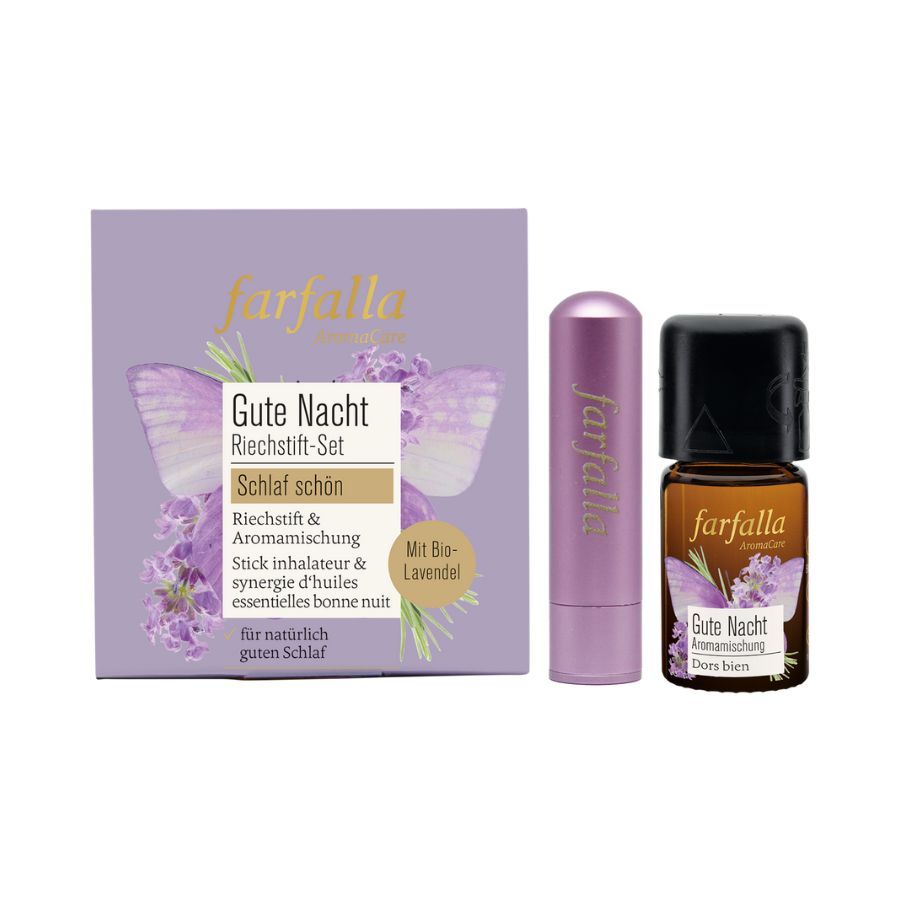 Set mit Riechstift, Aromamischung und Flasche. Lila Verpackung mit Produktnamen und Logo. Enthält Bio-Lavendel.