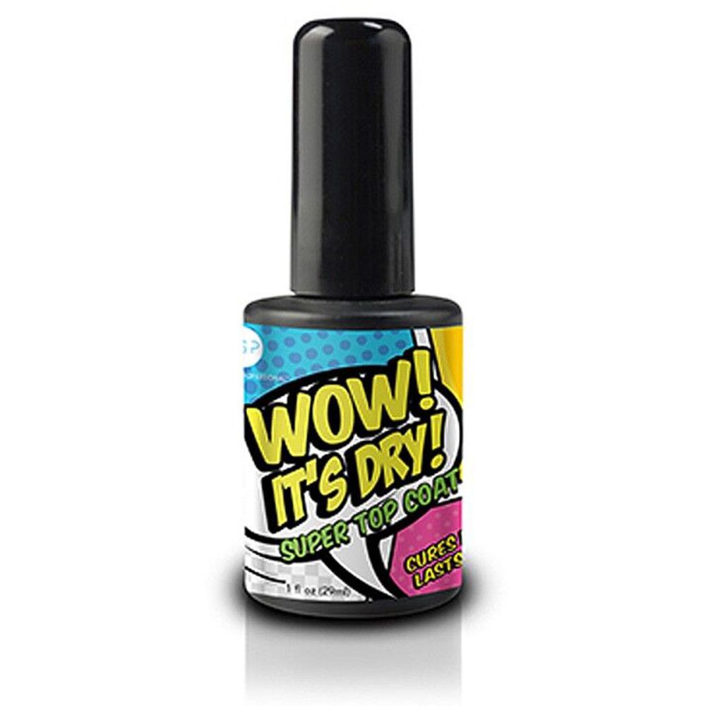 Nagellackflasche mit schwarzem Deckel. Aufschrift: WOW! IT'S DRY! SUPER TOP COAT. 1 fl oz (29ml).