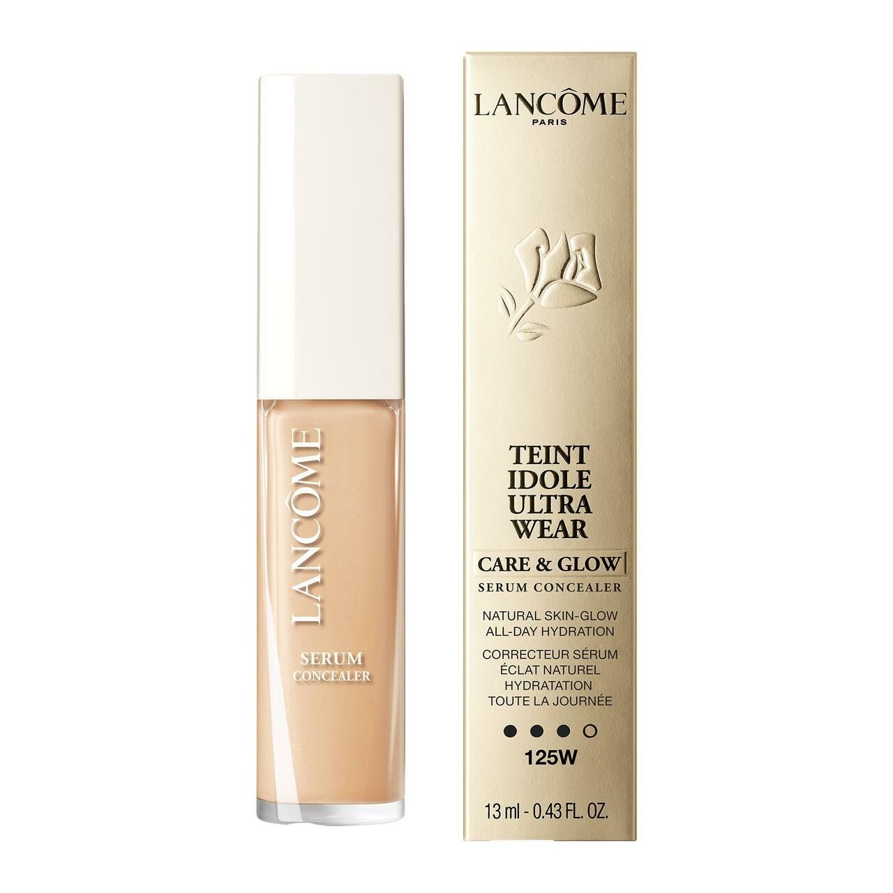 Concealer-Flakon und Verpackung. Flakon mit hellem Inhalt, weißem Deckel. Verpackung mit Produktnamen und Logo.