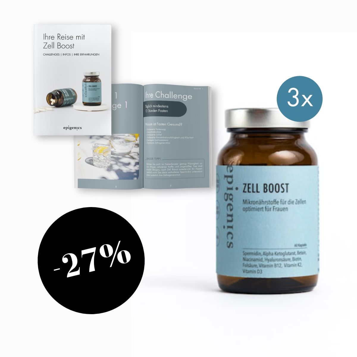 Braune Glasflasche mit blauem Etikett. Daneben Broschüren und ein schwarzer Kreis mit -27%.