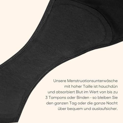 Nahaufnahme der schwarzen Menstruationsunterwäsche. Zeigt den saugfähigen Bereich. Hoher Bund.